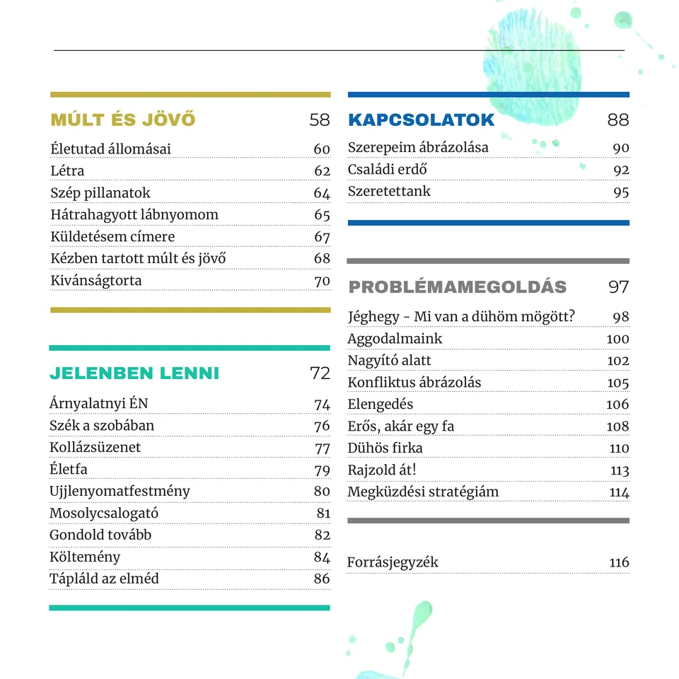Table of contents (2/2): Past and future, Relationships, Being in the present, Problem-solving